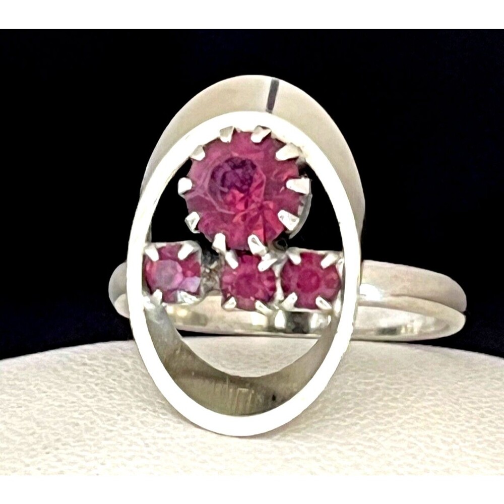 Vintage 1960s Cocktail Ring Silver Tone Purple Rhinestones Mid Century Modern 4K